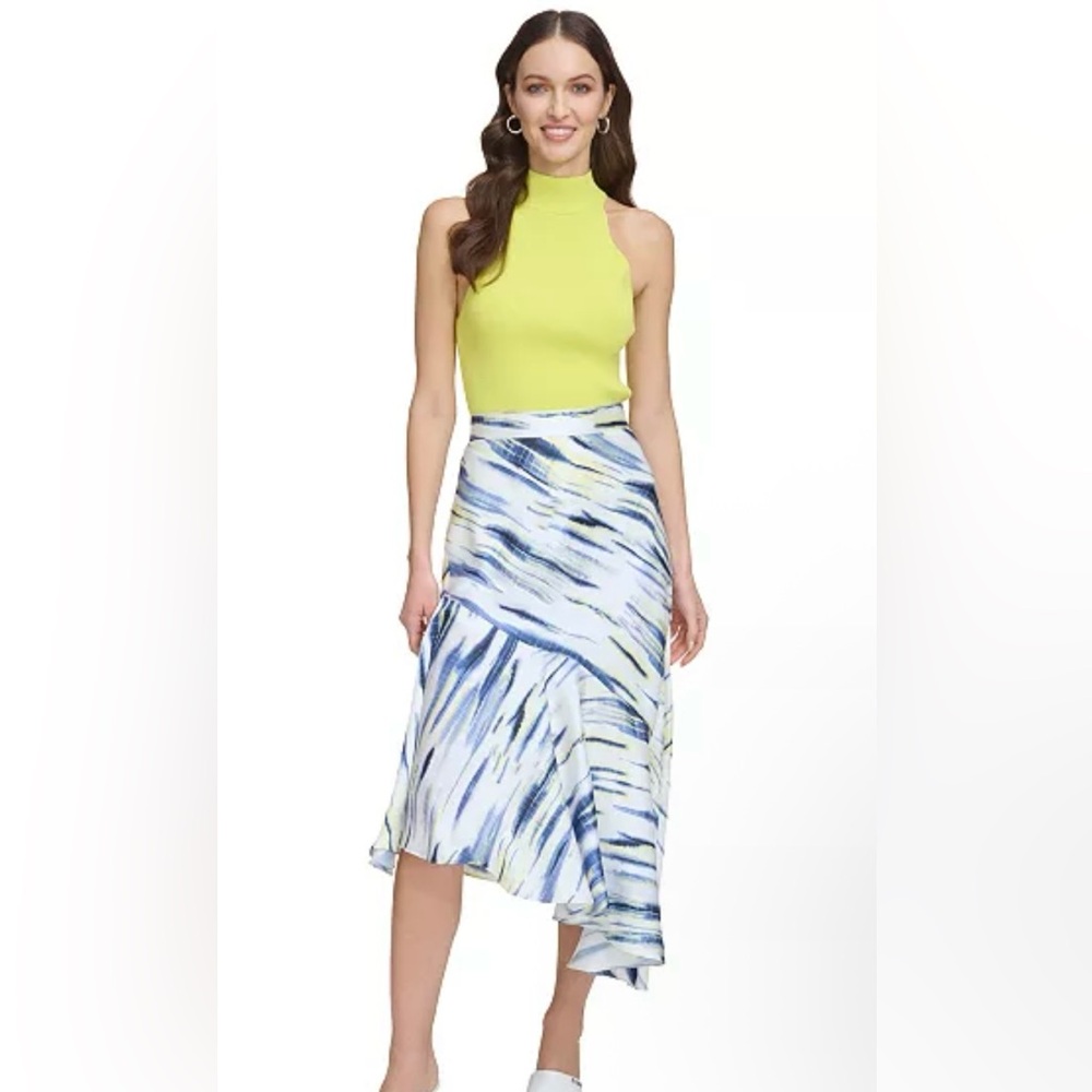 DKNY Women's White Printed Asymmetrical Midi Skirt Size 4